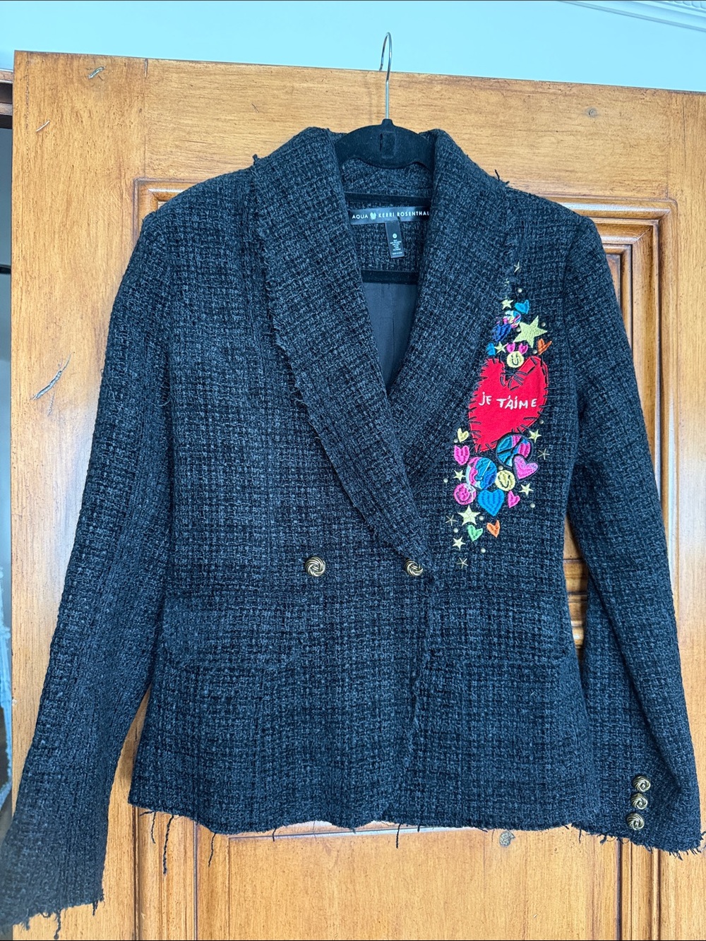 Rosenthal Black Tweed Blazer with Colorful Embroidered Heart
